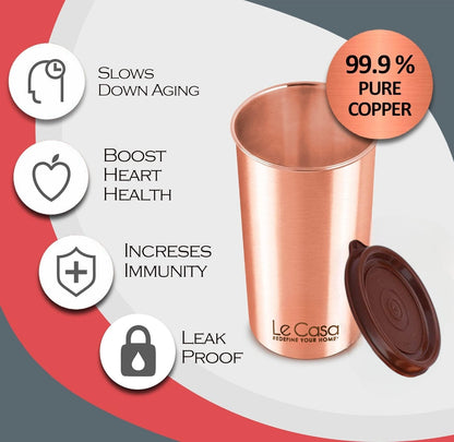 LeCasa - Energy Copper Water Tumbler 500ML Matt With Plastic Lid | 100% Pure Copper With ISO Certification |