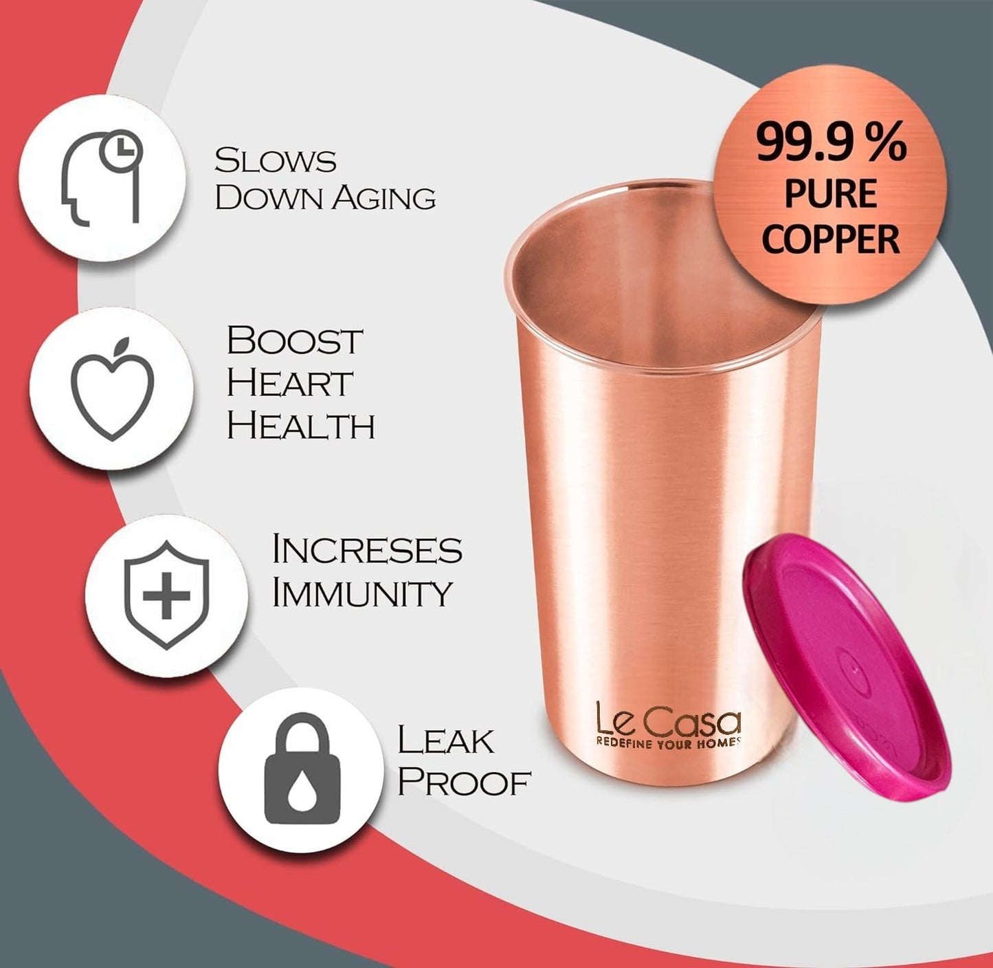 LeCasa - Energy Copper Water Tumbler 500ML Matt With Plastic Lid | 100% Pure Copper With ISO Certification |