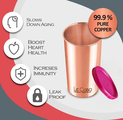 LeCasa - Energy Copper Water Tumbler 500ML Matt With Plastic Lid | 100% Pure Copper With ISO Certification |