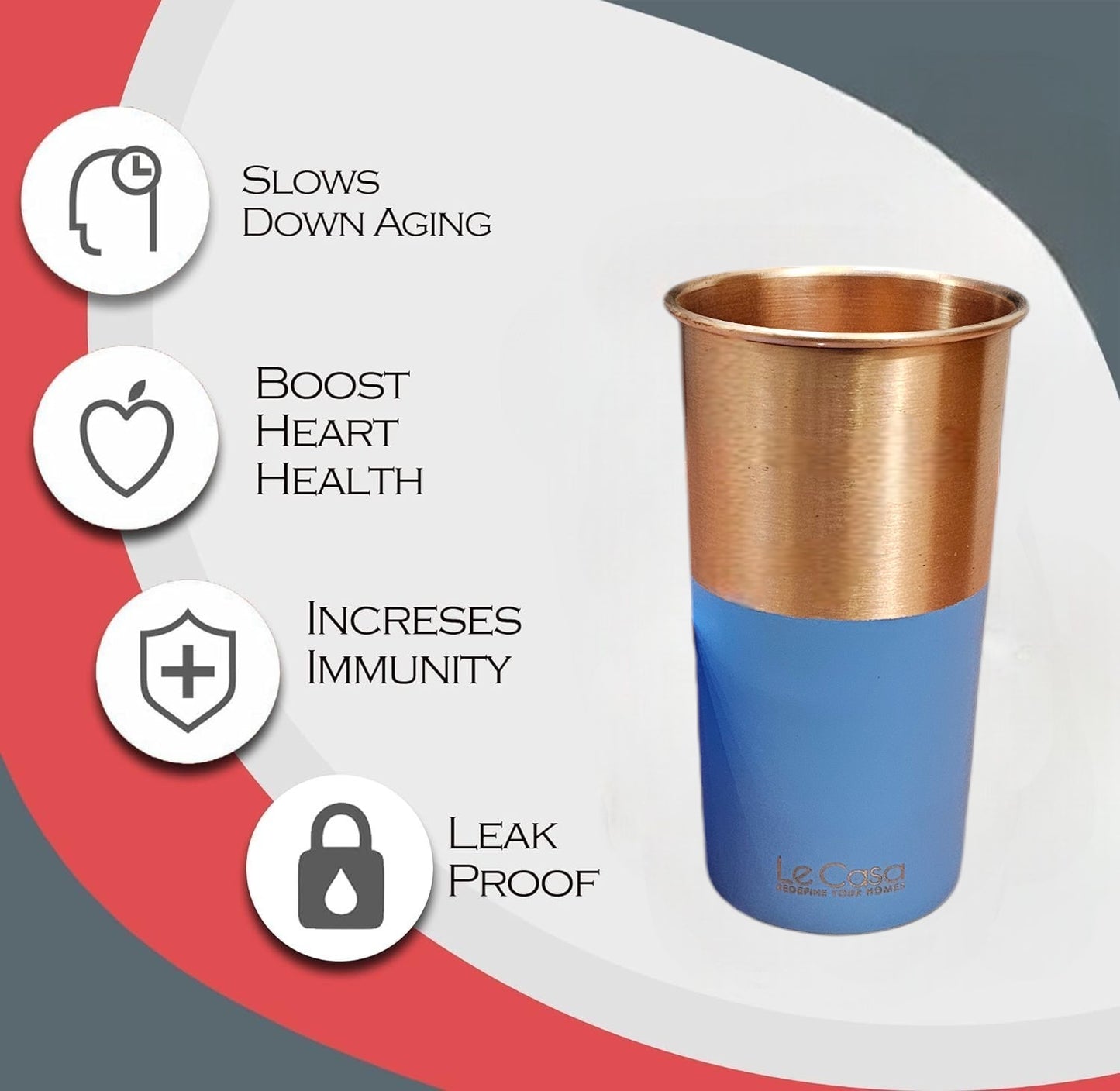 LeCasa - Energy Copper Water Tumbler 500ML | Color - Blue | 100% Pure Copper With ISO Certification |