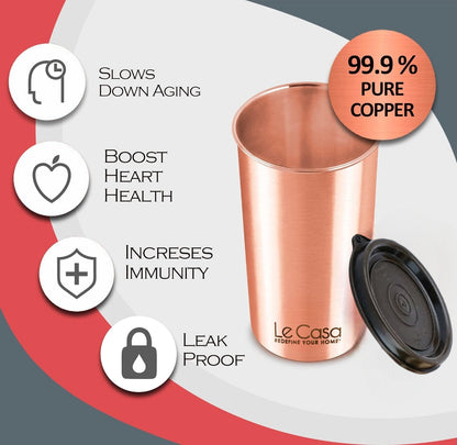 LeCasa - Energy Copper Water Tumbler 500ML Matt With Plastic Lid | 100% Pure Copper With ISO Certification |