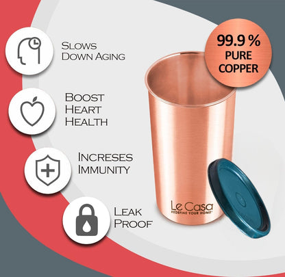 LeCasa - Energy Copper Water Tumbler 500ML Matt With Plastic Lid | 100% Pure Copper With ISO Certification |