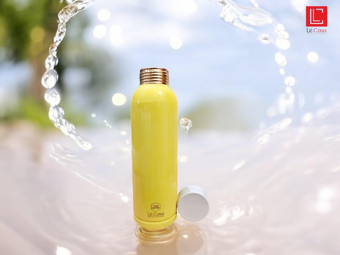 LeCasa - Duro Sports Copper Water Bottle 1000ML | Color - Yellow | 100% Pure Copper with ISO Certification | BPA Free, Leak Proof, Rust Free & Eco Friendly |