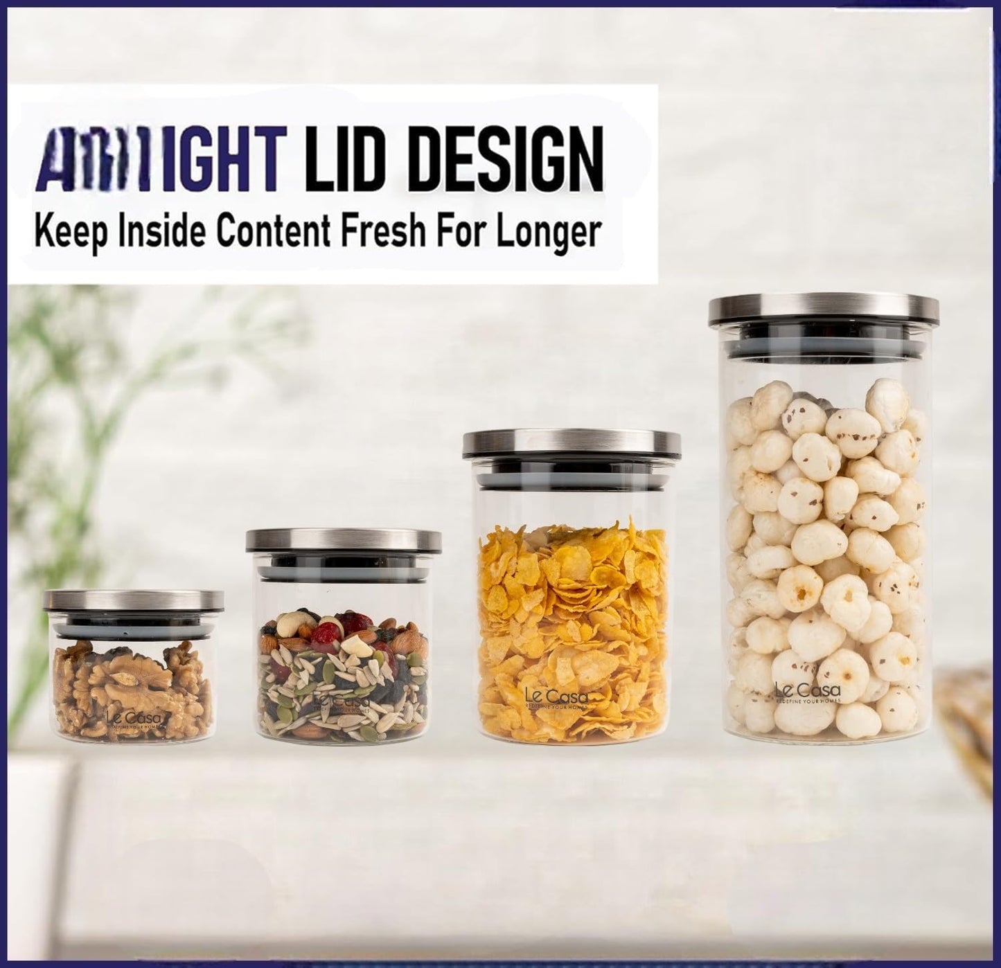 LeCasa - Denver Airtight Borosilicate Round Glass Jar With Steel Push Lid 700ML | 100% Borosilicate Glass With ISO Certification | Ideal Use For - Storage, Serving, Snacks , Grocery Storage |