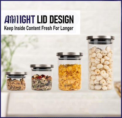 LeCasa - Denver Airtight Borosilicate Round Glass Jar With Steel Push Lid 700ML | 100% Borosilicate Glass With ISO Certification | Ideal Use For - Storage, Serving, Snacks , Grocery Storage |