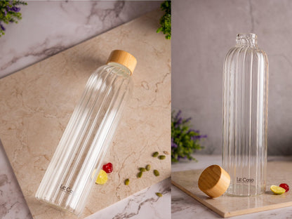 Madie Borosilicate Water Bottle With Bamboo Screw Lid 1000ML Each | Set Of - 2 Bottles | 100% Borosilicate Glass With ISO Certification | BPA Free, Rust Proof, Leakage Proof, Eco Friendly |