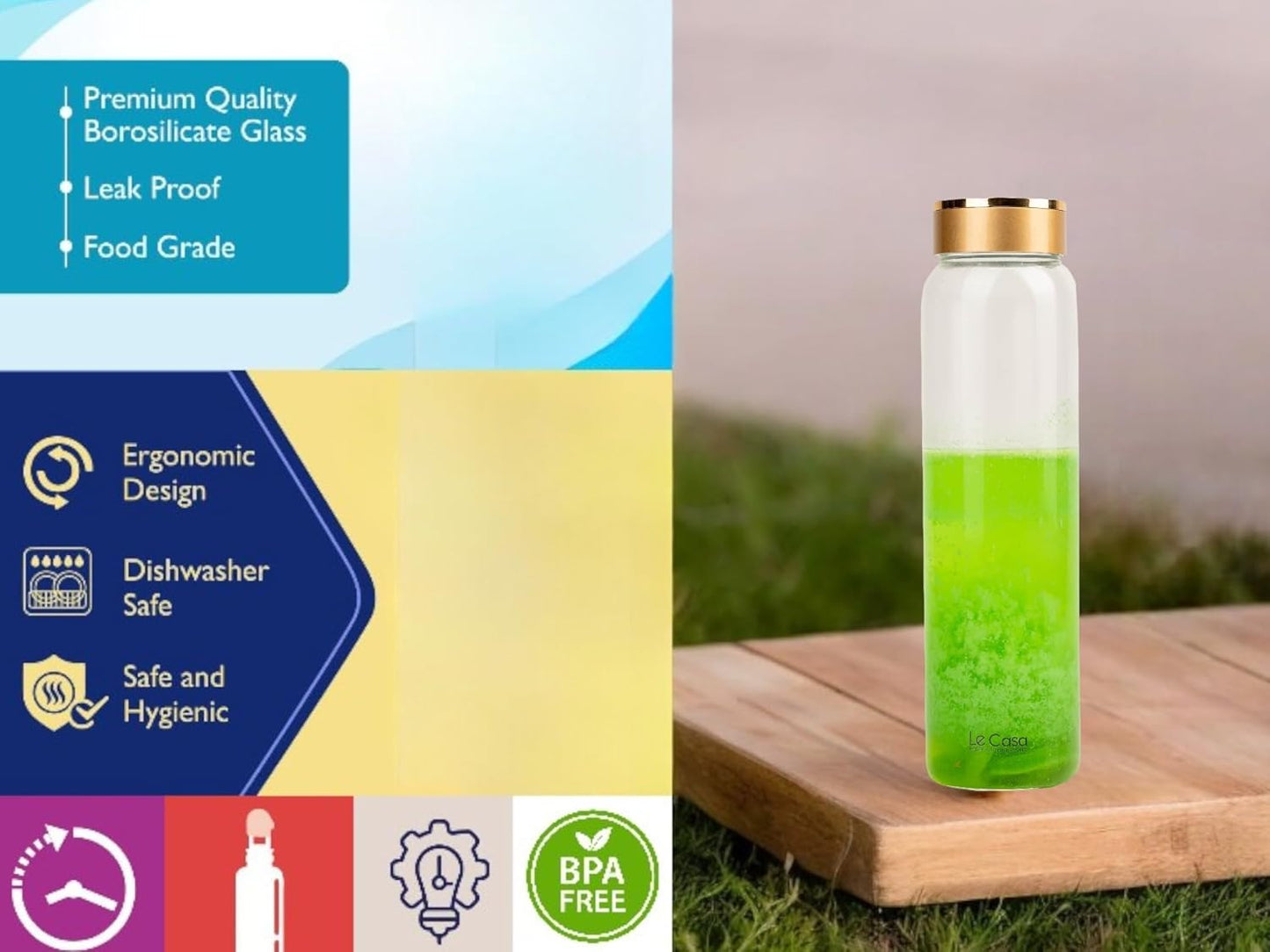 LeCasa - Cyric Borosilicate Glass Bottle With Golden Colour Screw Lid - 3079 | Capacity - 500ML | 100% Pure Borosolicate Glass With ISO Certification |