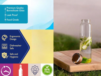 LeCasa - Borosilicate Glass Bottle With Copper Colour Screw Lid - 3081 | Capacity - 750ML | 100% Pure Borosolicate Glass With ISO Certification | BPA Free, Leak Proof, Rust Free & Eco Friendly |