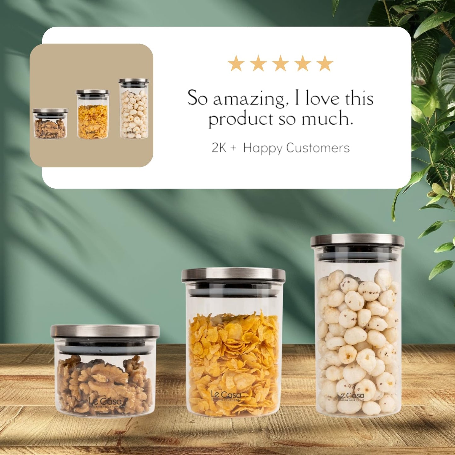 LeCasa - Denver AirTight Borosilicate Glass Round Jar With Steel Screw Lid | 100% Borosilicate Glass With ISO Certification | (Set Of 3)