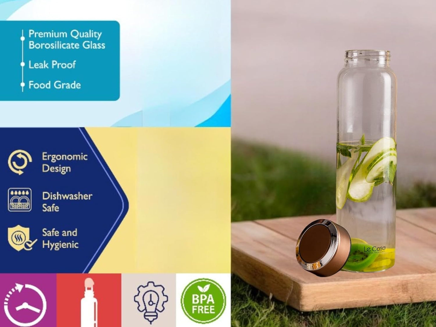LeCasa - Borosilicate Glass Bottle With Copper Colour Screw Lid - 3034 | Capacity - 1000ML | 100% Pure Borosolicate Glass With ISO Certification | BPA Free, Leak Proof, Rust Free & Eco Friendly |