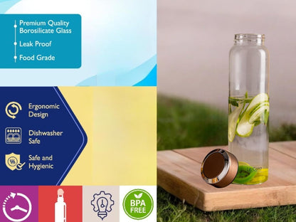 LeCasa - Borosilicate Glass Bottle With Copper Colour Screw Lid - 3034 | Capacity - 1000ML | 100% Pure Borosolicate Glass With ISO Certification | BPA Free, Leak Proof, Rust Free & Eco Friendly |