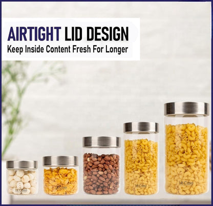 LeCasa - AirTight Borosilicate Round Glass Jar With Screw Steel Lid 1500ML | 100% Borosilicate Glass With ISO Certification | Ideal Use For - Storage, Serving, Snacks, Grocery Storage |