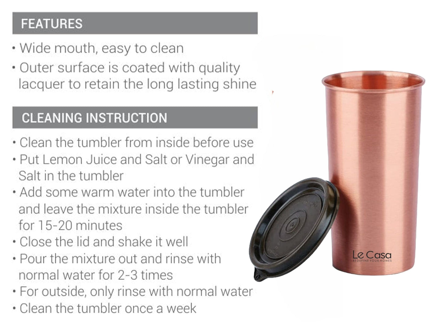 LeCasa - Energy Copper Water Tumbler 500ML Matt With Plastic Lid | 100% Pure Copper With ISO Certification |