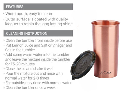 LeCasa - Energy Copper Water Tumbler 500ML Matt With Plastic Lid | 100% Pure Copper With ISO Certification |
