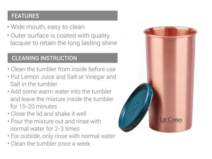 LeCasa - Energy Copper Water Tumbler 500ML Matt With Plastic Lid | 100% Pure Copper With ISO Certification |