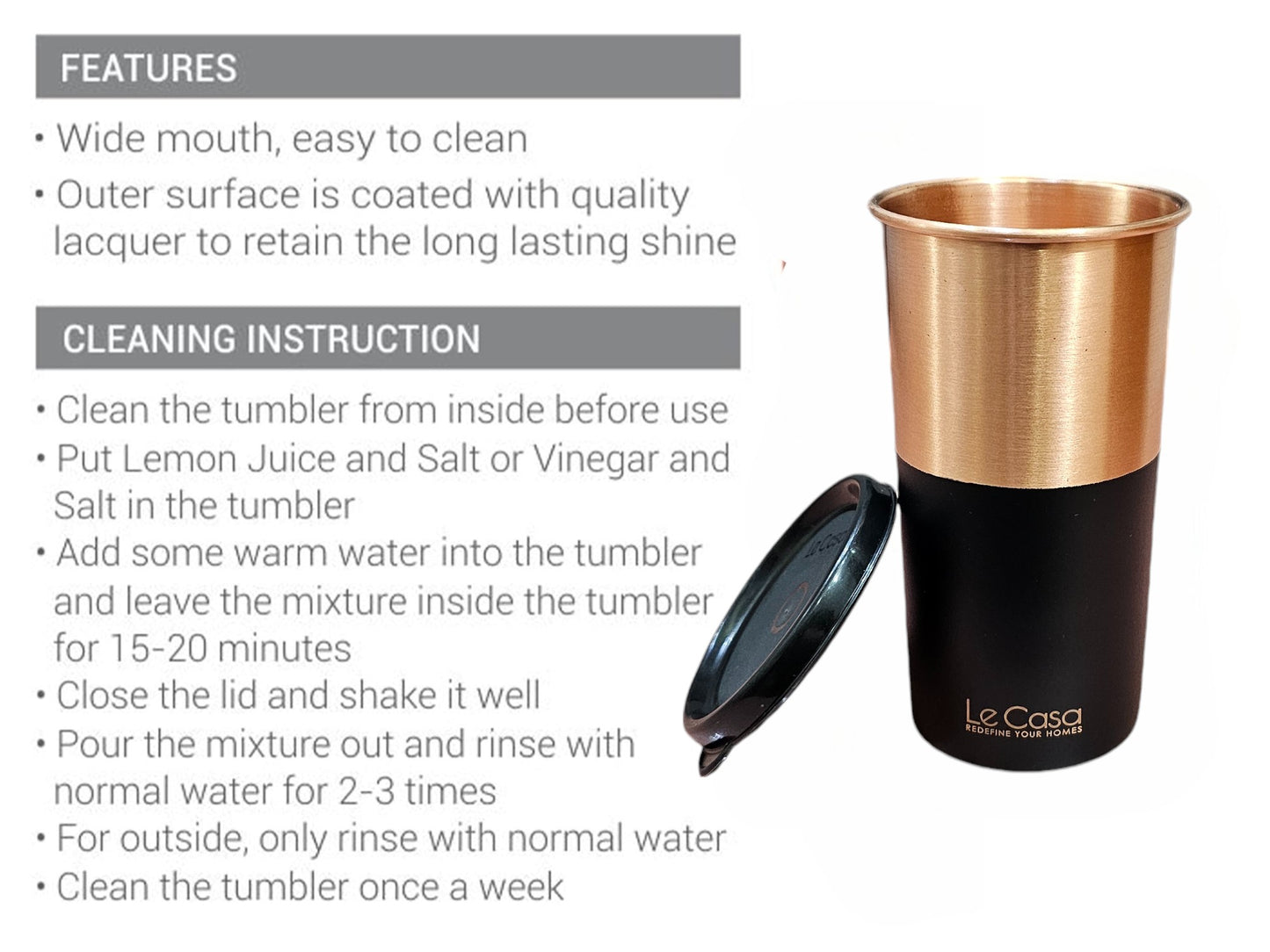 LeCasa - Energy Copper Water Tumbler 500ML | Color - Black | 100% Pure Copper With ISO Certification |