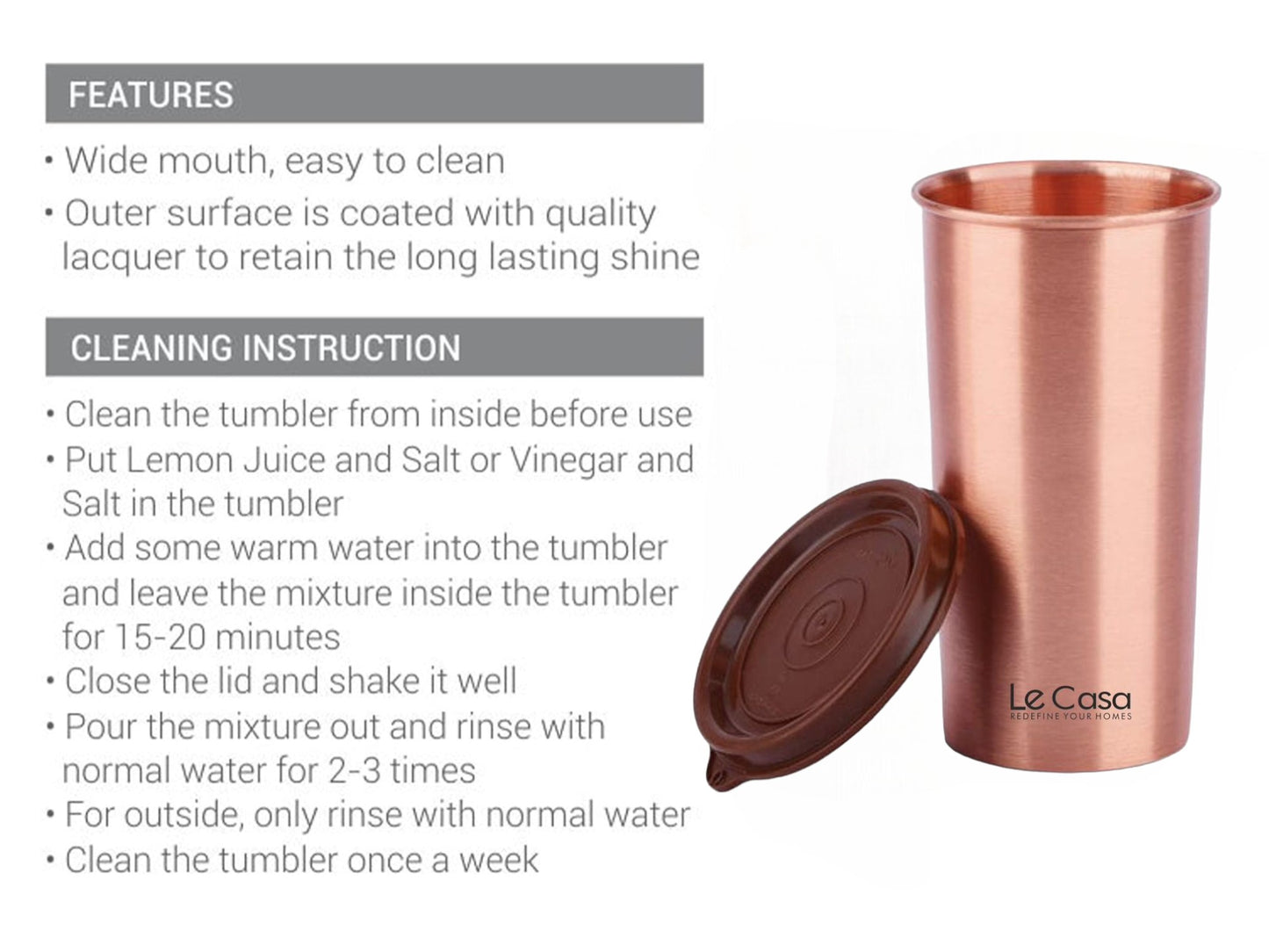 LeCasa - Energy Copper Water Tumbler 500ML Matt With Plastic Lid | 100% Pure Copper With ISO Certification |