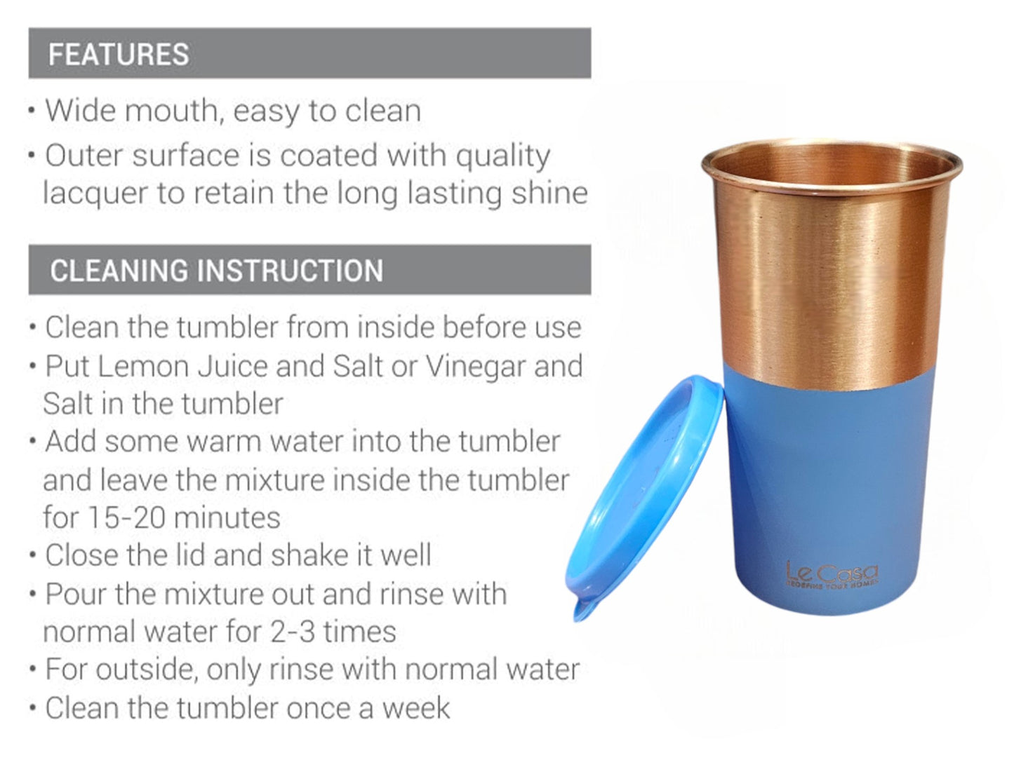 LeCasa - Energy Copper Water Tumbler 500ML | Color - Blue | 100% Pure Copper With ISO Certification |