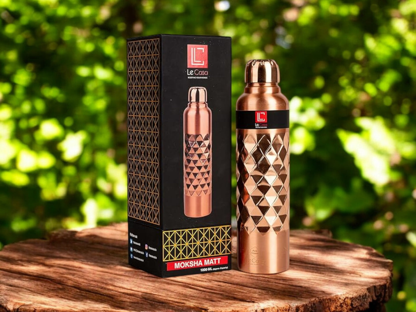LeCasa - Moksha Matt Copper Water Bottle 1000ML | Color - Matt | 100% Pure Copper With ISO Certification |
