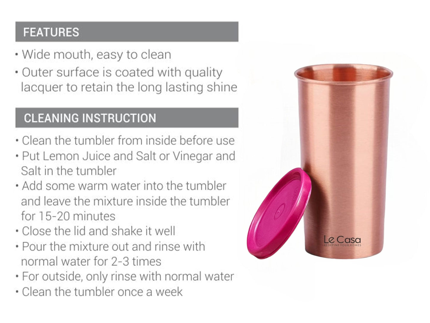 LeCasa - Energy Copper Water Tumbler 500ML Matt With Plastic Lid | 100% Pure Copper With ISO Certification |