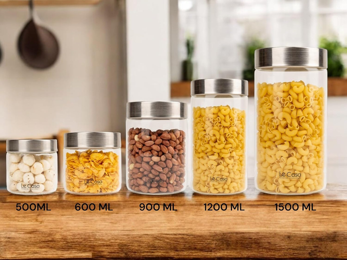 LeCasa - AirTight Borosilicate Round Glass Jar With Screw Steel Lid 1200ML | 100% Borosilicate Glass With ISO Certification | Ideal Use For - Serving, Snacks Storage, Grocery Storage |