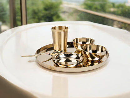 LeCasa - Kansa 6PC Dinner Thali Set | 100% Pure Kansa Material with ISO Certification | 1 Thali, 2 Bowls, 1 Dessert Plate, 1 Tumbler & 1 Spoon |