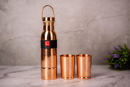 LeCasa - Hazel 5PC Copper Gift Set | 1 Copper Bottle - 1000ML & 4 Copper Tumbler 310ML Each | 100% Pure Copper With ISO Certification | BPA Free, Leak Proof & Eco Friendly |