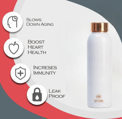 LeCasa - Duro Sports Copper Water Bottle 1000ML | Color - White | 100% Pure Copper with ISO Certification | BPA Free, Leak Proof, Rust Free & Eco Friendly |