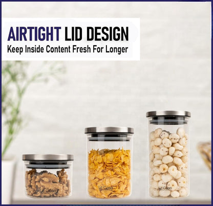 LeCasa - Denver AirTight Borosilicate Glass Round Jar With Steel Screw Lid | 100% Borosilicate Glass With ISO Certification | (Set Of 3)