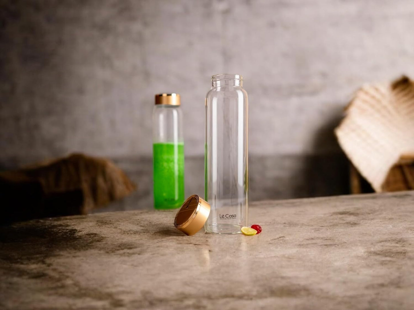 LeCasa - Cyric Borosilicate Glass Bottle With Golden Colour Screw Lid - 3079 | Capacity - 500ML | 100% Pure Borosolicate Glass With ISO Certification |