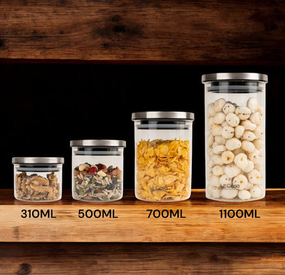 LeCasa - Denver Airtight Borosilicate Round Glass Jar With Steel Push Lid 700ML | 100% Borosilicate Glass With ISO Certification | Ideal Use For - Storage, Serving, Snacks , Grocery Storage |