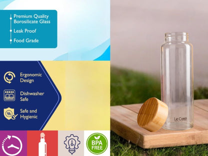 LeCasa - Borosilicate Glass Bottle With Bamboo Screw Lid - 3078 | Capacity - 500ML | 100% Pure Borosolicate Glass With ISO Certification | BPA Free, Leak Proof, Rust Free & Eco Friendly |