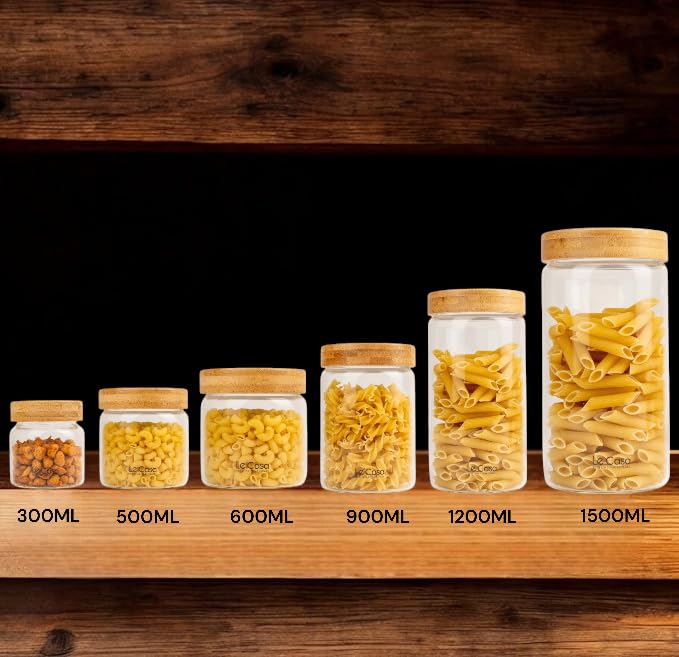 LeCasa - 3042 Airtight Borosilicate Round Glass Jar With Bamboo Lid 300ML | 100% Borosilicate Glass With ISO Certification | Ideal Use For - Storage, Serving, Snacks Storage, Grocery Storage |