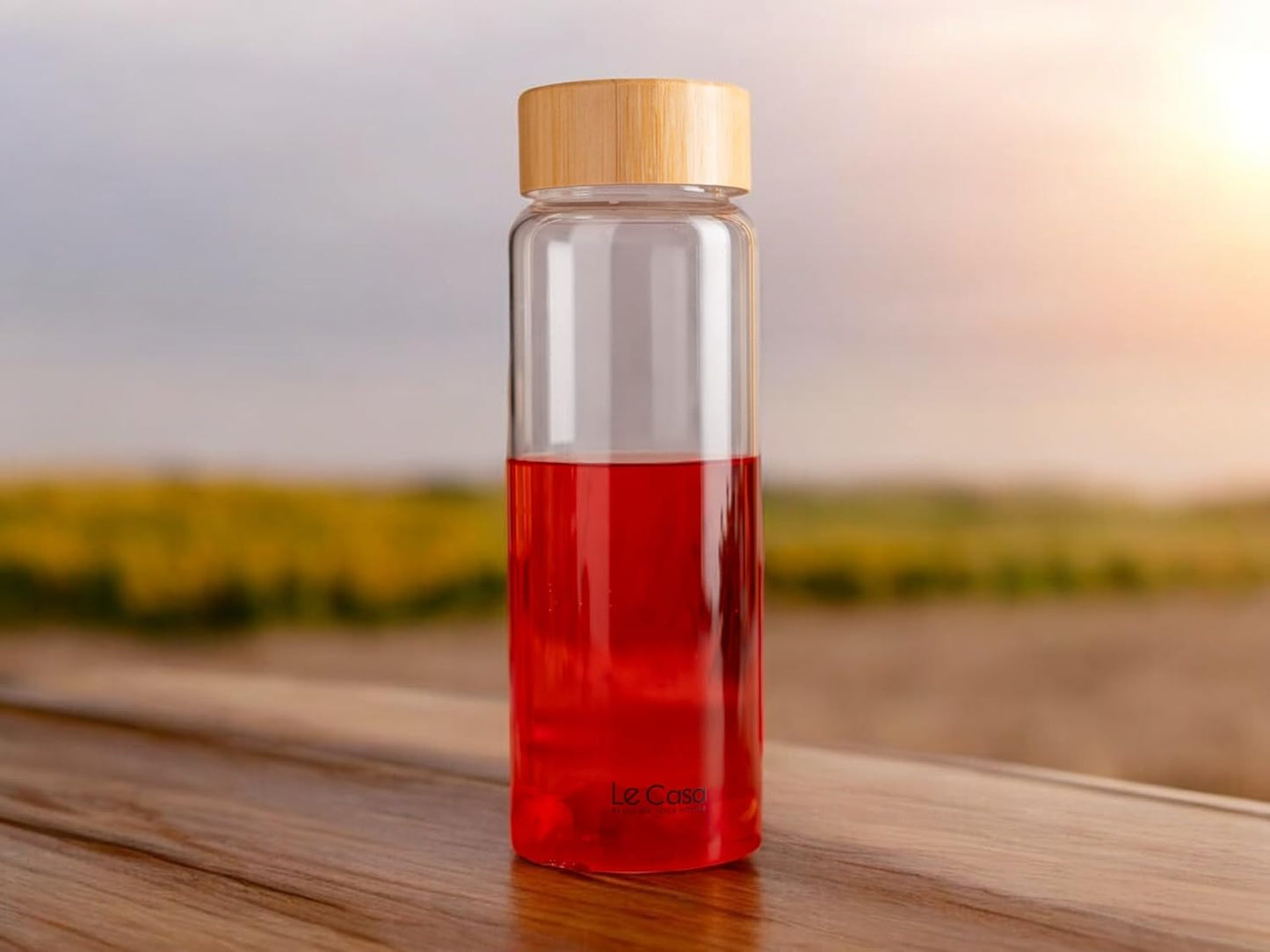 LeCasa - Borosilicate Glass Bottle With Bamboo Screw Lid - 3033 | Capacity - 1000ML | 100% Pure Borosolicate Glass With ISO Certification | BPA Free, Leak Proof, Rust Free & Eco Friendly |