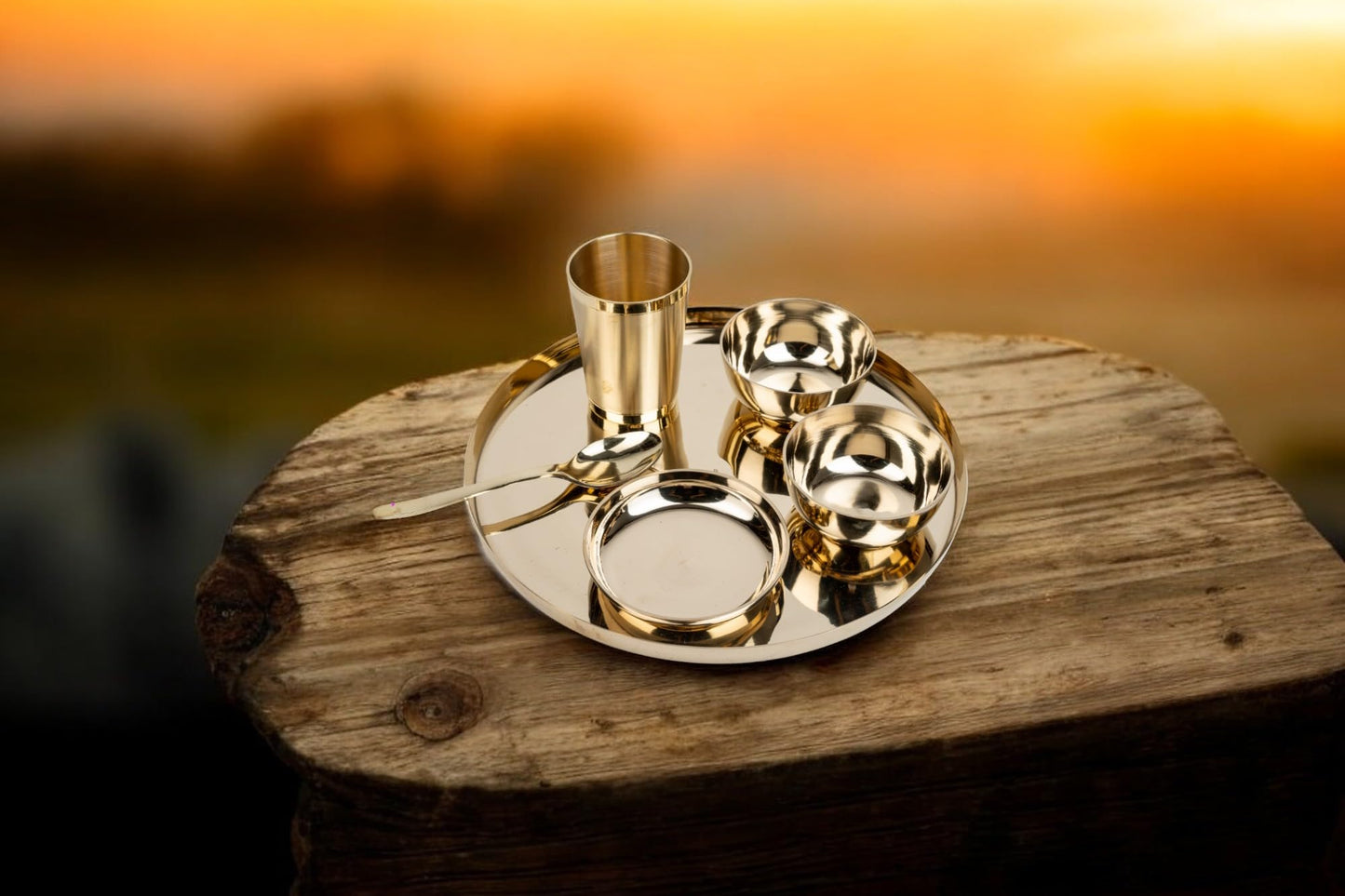 LeCasa - Kansa 6PC Dinner Thali Set | 100% Pure Kansa Material with ISO Certification | 1 Thali, 2 Bowls, 1 Dessert Plate, 1 Tumbler & 1 Spoon |