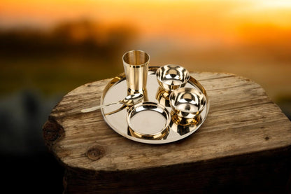 LeCasa - Kansa 6PC Dinner Thali Set | 100% Pure Kansa Material with ISO Certification | 1 Thali, 2 Bowls, 1 Dessert Plate, 1 Tumbler & 1 Spoon |