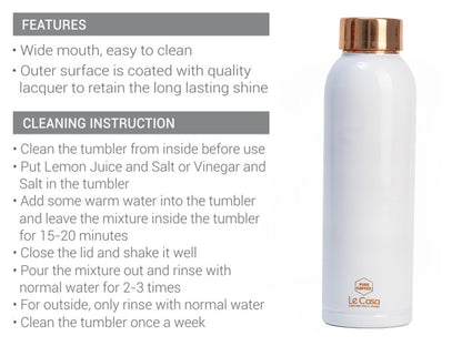 LeCasa - Duro Sports Copper Water Bottle 1000ML | Color - White | 100% Pure Copper with ISO Certification | BPA Free, Leak Proof, Rust Free & Eco Friendly |