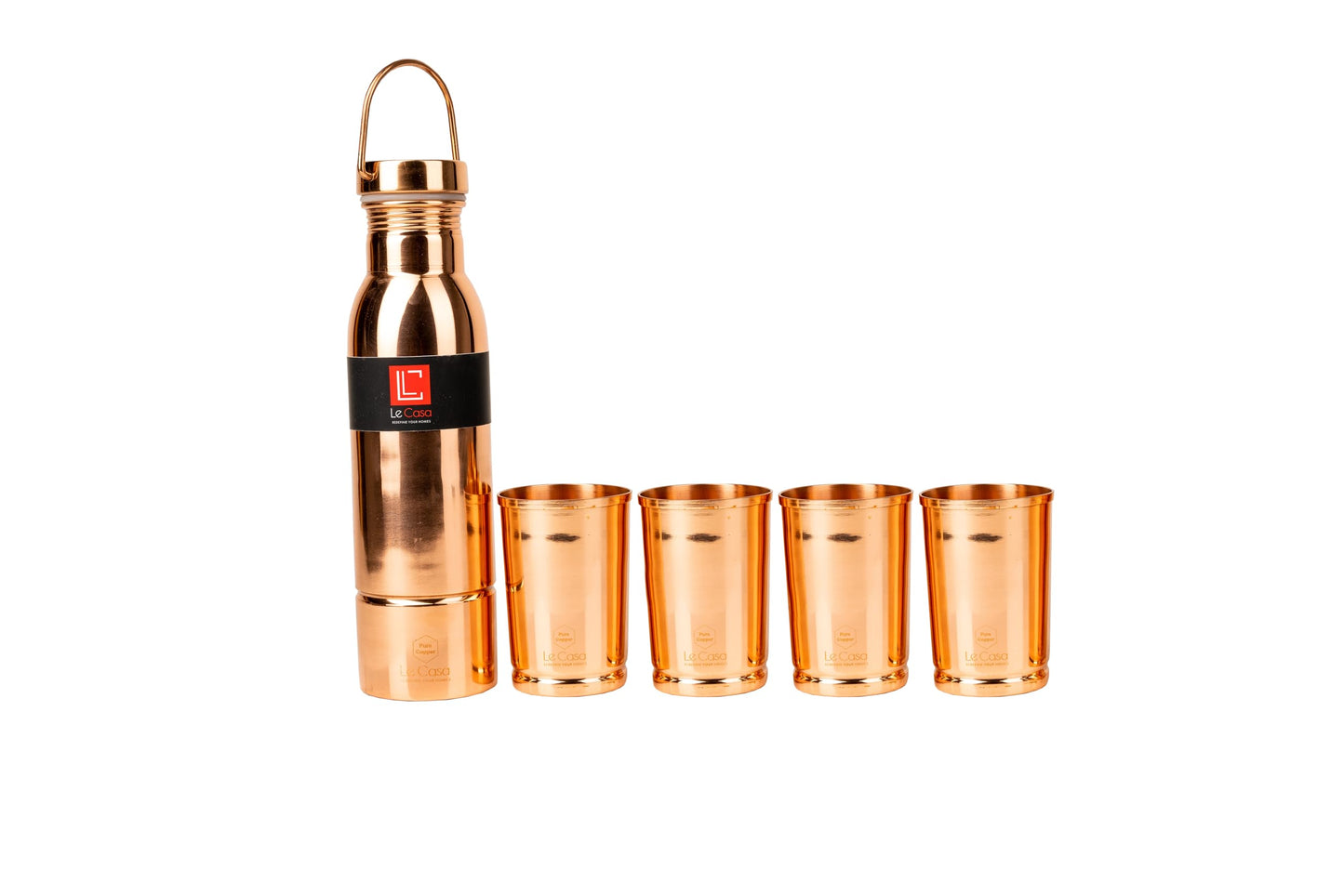 LeCasa - Hazel 5PC Copper Gift Set | 1 Copper Bottle - 1000ML & 4 Copper Tumbler 310ML Each | 100% Pure Copper With ISO Certification | BPA Free, Leak Proof & Eco Friendly |