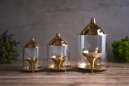 LeCasa - Brass Shraddha Diya With Glass Cover - Small | Made With Traditional Design - Made in India Product | 100% Pure Brass Material With ISO Certification |