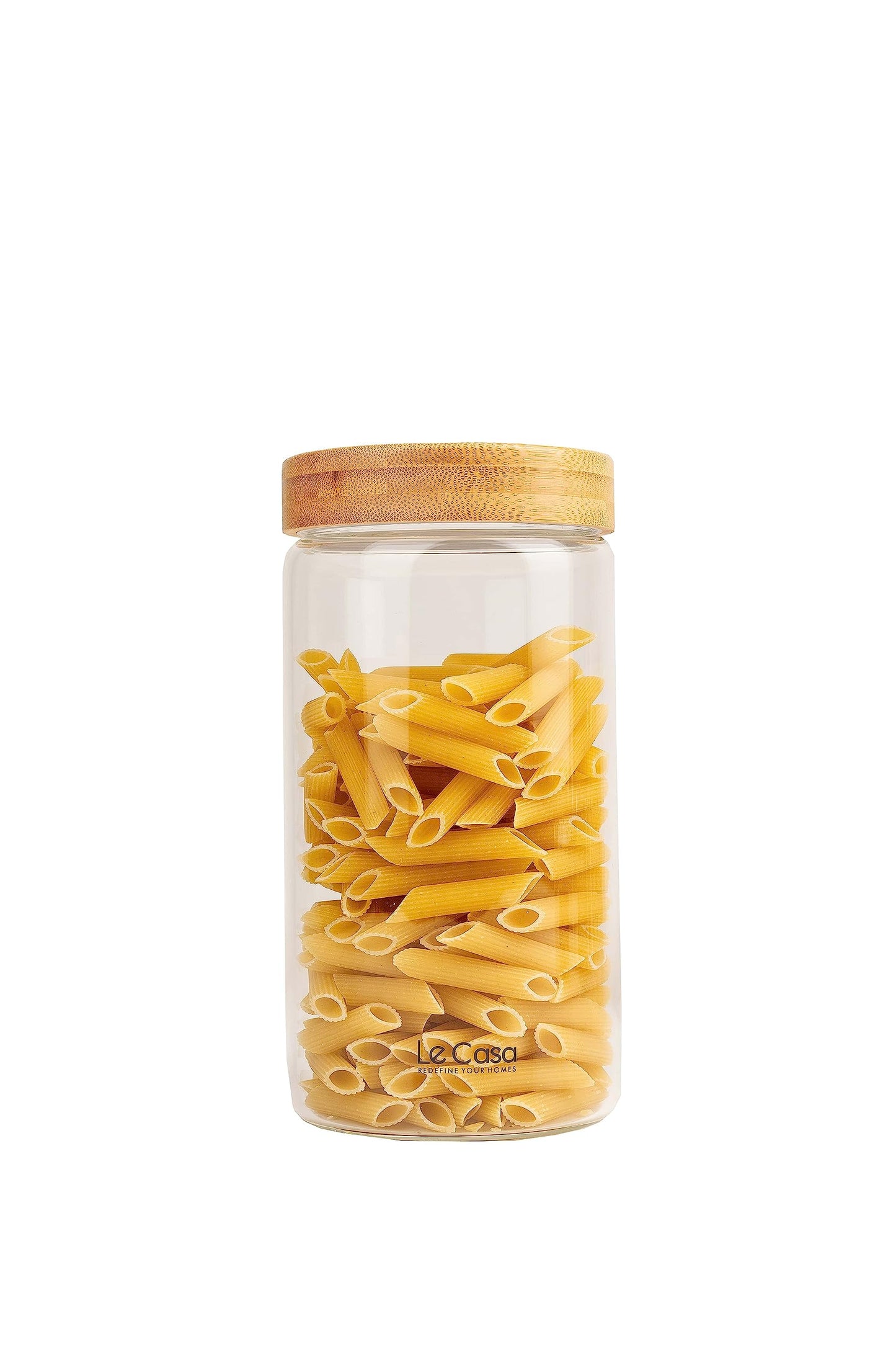 LeCasa - 3045 Airtight Borosilicate Round Glass Jar With Bamboo Lid 1200ML | 100% Borosilicate Glass With ISO Certification | Ideal Use For - Storage, Serving, Snacks Storage, Grocery Storage |