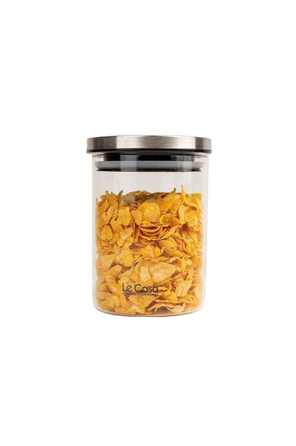 LeCasa - Denver Airtight Borosilicate Round Glass Jar With Steel Push Lid 700ML | 100% Borosilicate Glass With ISO Certification | Ideal Use For - Storage, Serving, Snacks , Grocery Storage |