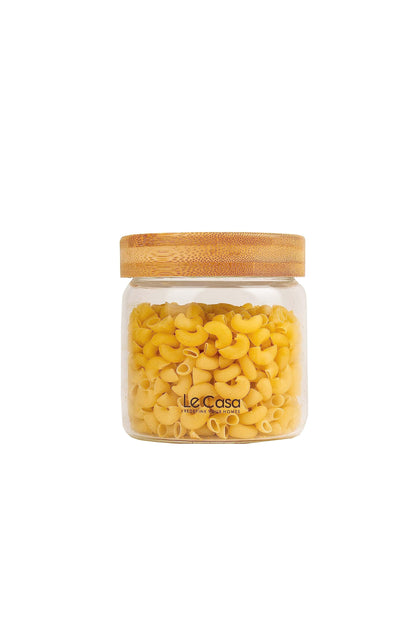 LeCasa - 3043 Airtight Borosilicate Round Glass Jar With Bamboo Lid 600ML | 100% Borosilicate Glass With ISO Certification | Ideal Use For - Storage, Serving, Snacks Storage, Grocery Storage |
