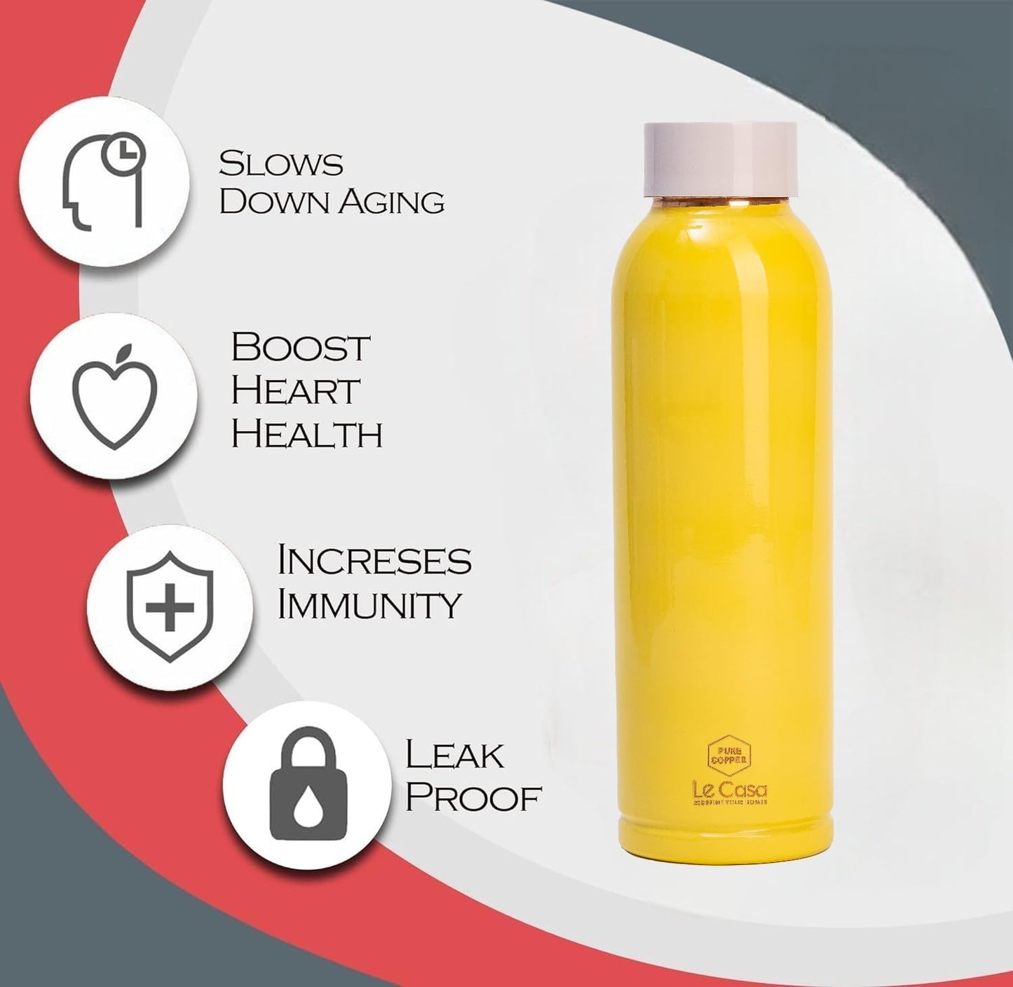 LeCasa - Duro Sports Copper Water Bottle 1000ML | Color - Yellow | 100% Pure Copper with ISO Certification | BPA Free, Leak Proof, Rust Free & Eco Friendly |