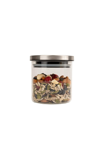 LeCasa - Denver Airtight Borosilicate Round Glass Jar With Steel Push Lid 500ML | 100% Borosilicate Glass With ISO Certification | Ideal Use For - Storage, Serving, Snacks Storage, Grocery Storage |