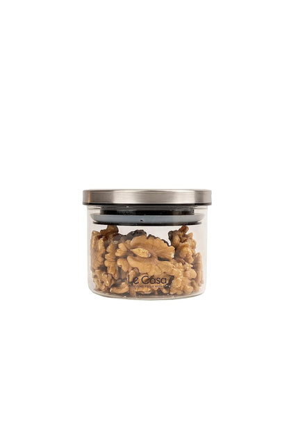 LeCasa - Denver Airtight Borosilicate Round Glass Jar With Steel Push Lid 310ML | 100% Borosilicate Glass With ISO Certification | Ideal Use For - Storage, Serving, Snacks, Grocery Storage |