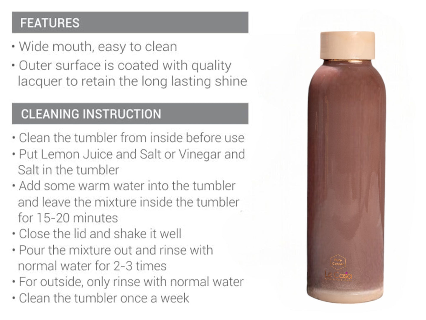 LeCasa - Duro Sports Copper Water Bottle 950ML | Color - Terracotta | 100% Pure Copper with ISO Certification | BPA Free, Leak Proof, Rust Free & Eco Friendly |