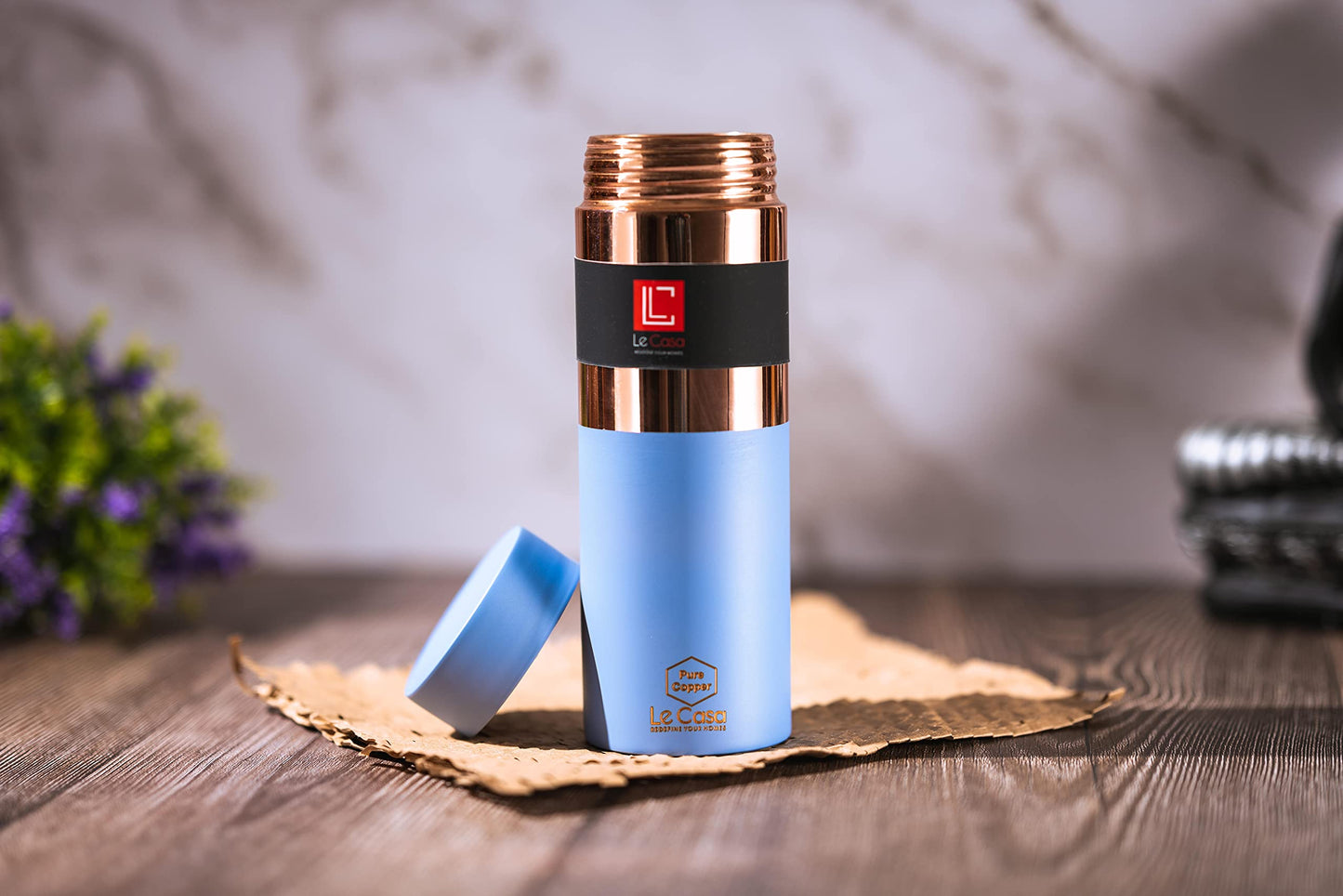 LeCasa - Greek Copper Water Bottle 500ML | Color - Sky Blue | 100% Pure Copper With ISO Certification |