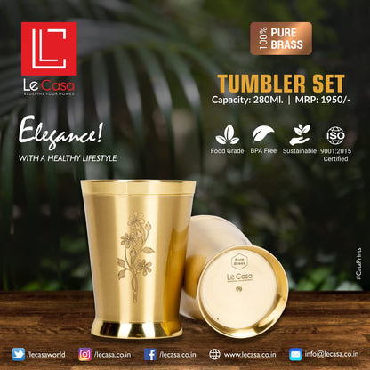 LeCasa - Wave Brass Tumbler Gift Box Packing | Set of - 2 | Capacity - 280ML Each | 100% Brass with ISO Certification |