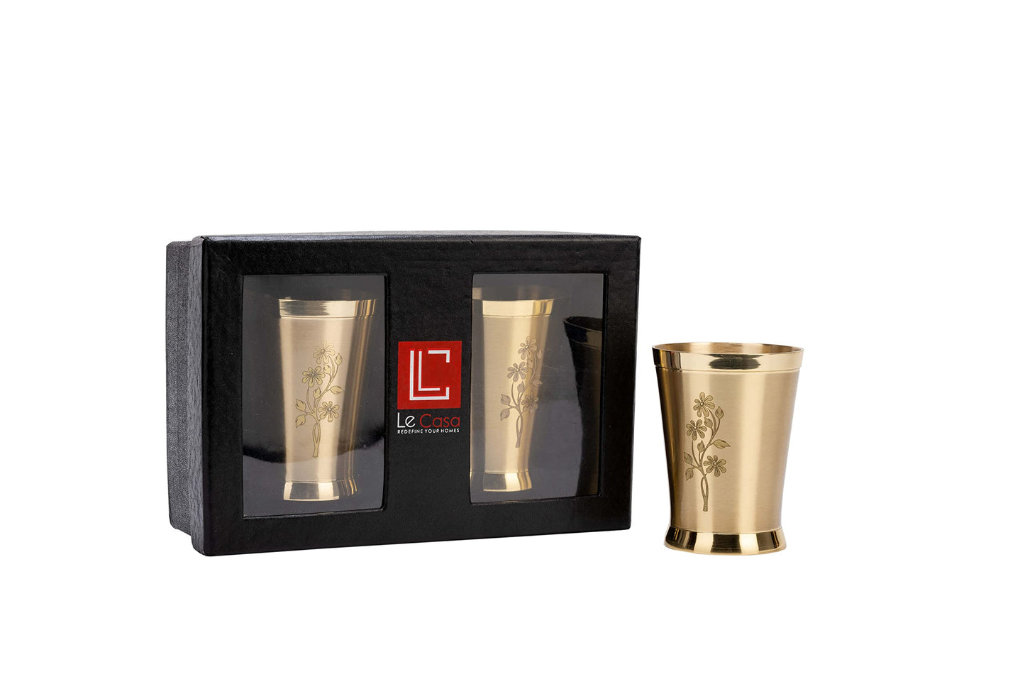 LeCasa - Wave Brass Tumbler Gift Box Packing | Set of - 2 | Capacity - 280ML Each | 100% Brass with ISO Certification |