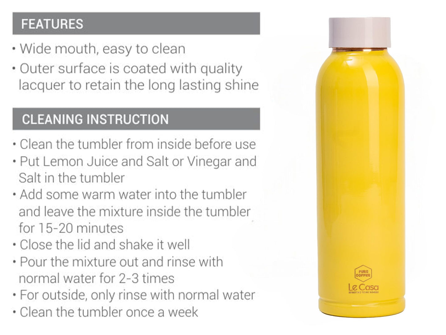 LeCasa - Duro Sports Copper Water Bottle 1000ML | Color - Yellow | 100% Pure Copper with ISO Certification | BPA Free, Leak Proof, Rust Free & Eco Friendly |
